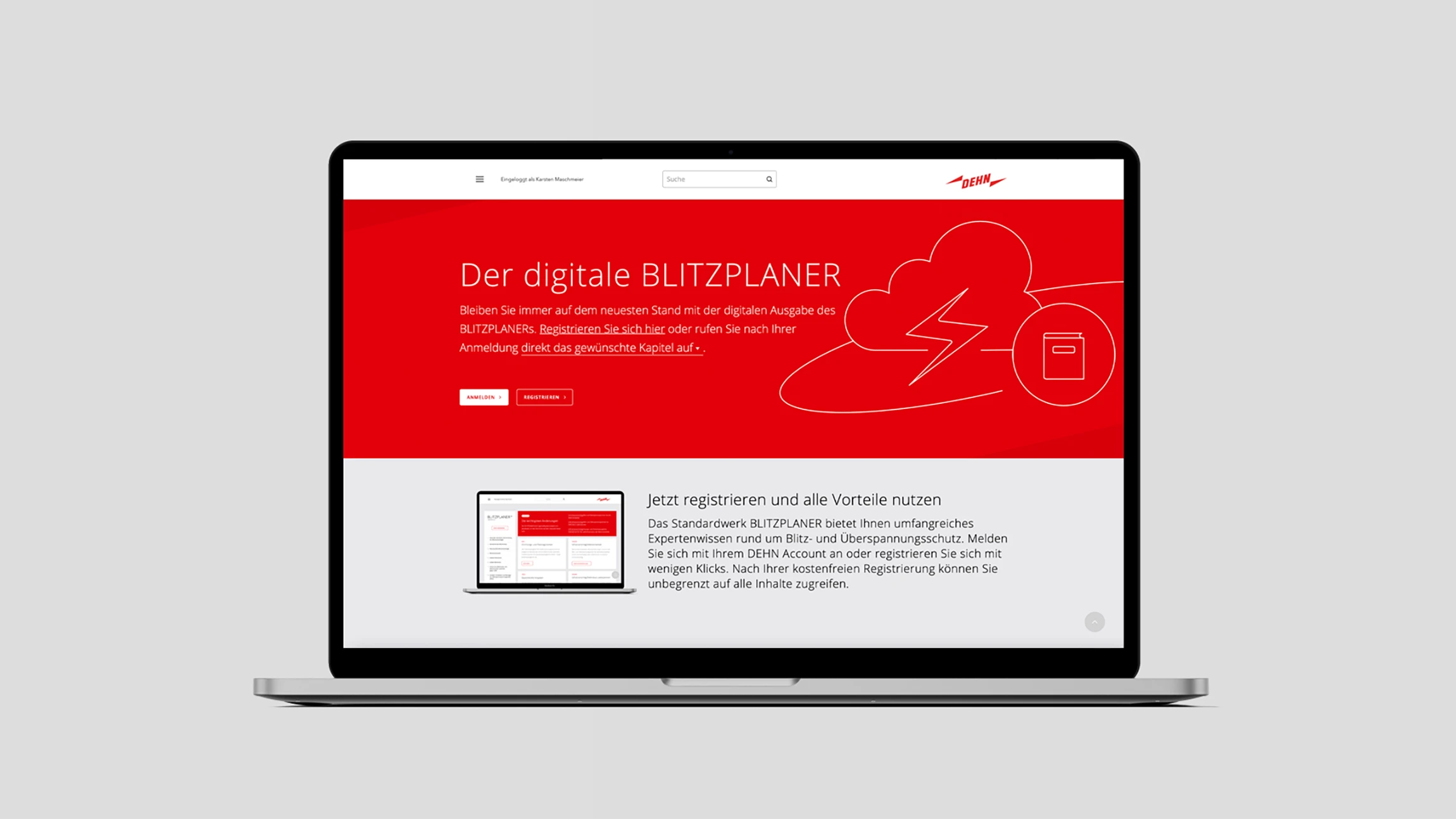 Laptop mit Webseite des digitalen Blitzplaners in deutscher Sprache