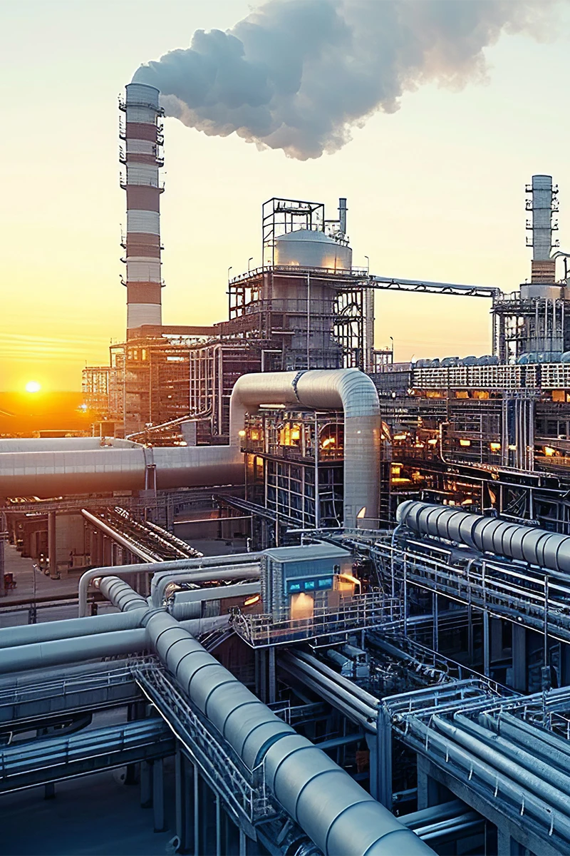 Industrieanlage mit Schornstein bei Sonnenuntergang