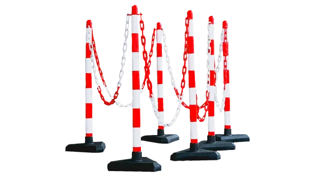 A captivating image displays a striking arrangement of red and white traffic cones, forming an artistic grid pattern. Chains add a touch of elegance, while the black background accentuates their vibrant colors and depth. A creative take on traffic management art.