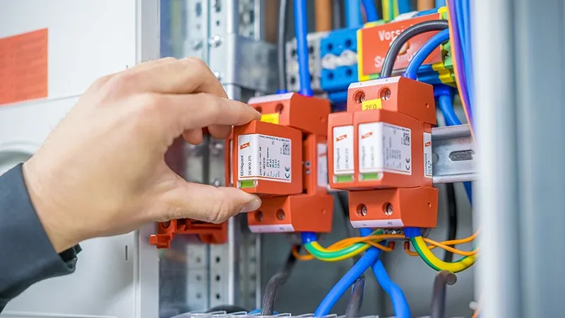 Hand installing the DEHNguard surge arrester in the switch cabinet