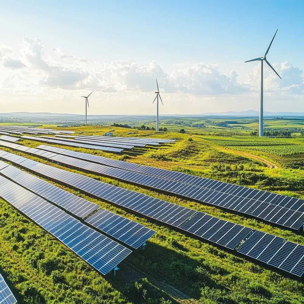 Das Bild zeigt eine große PV-Freiflächenanlage auf grüner Wiese. Im Hintergrund sind Windräder zu sehen.