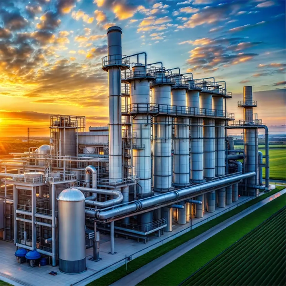 Industrielle Anlage mit Rohren und Türmen vor Sonnenuntergang.