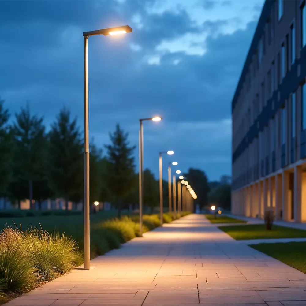 Illuminated pedestrian pathway with modern streetlights, landscaped greenery, and a contemporary building at dusk.