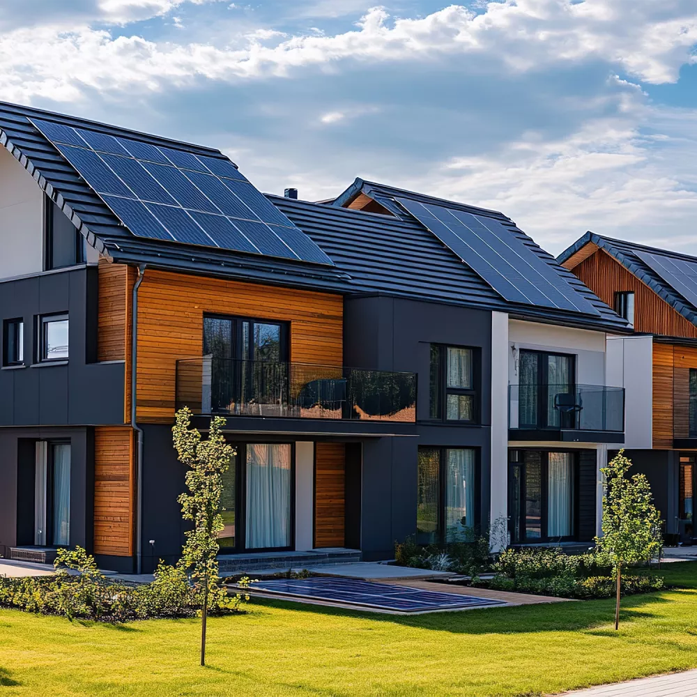 Modern residential houses with solar panels on pitched roofs, wood and dark façades, balconies, and landscaped green lawns.