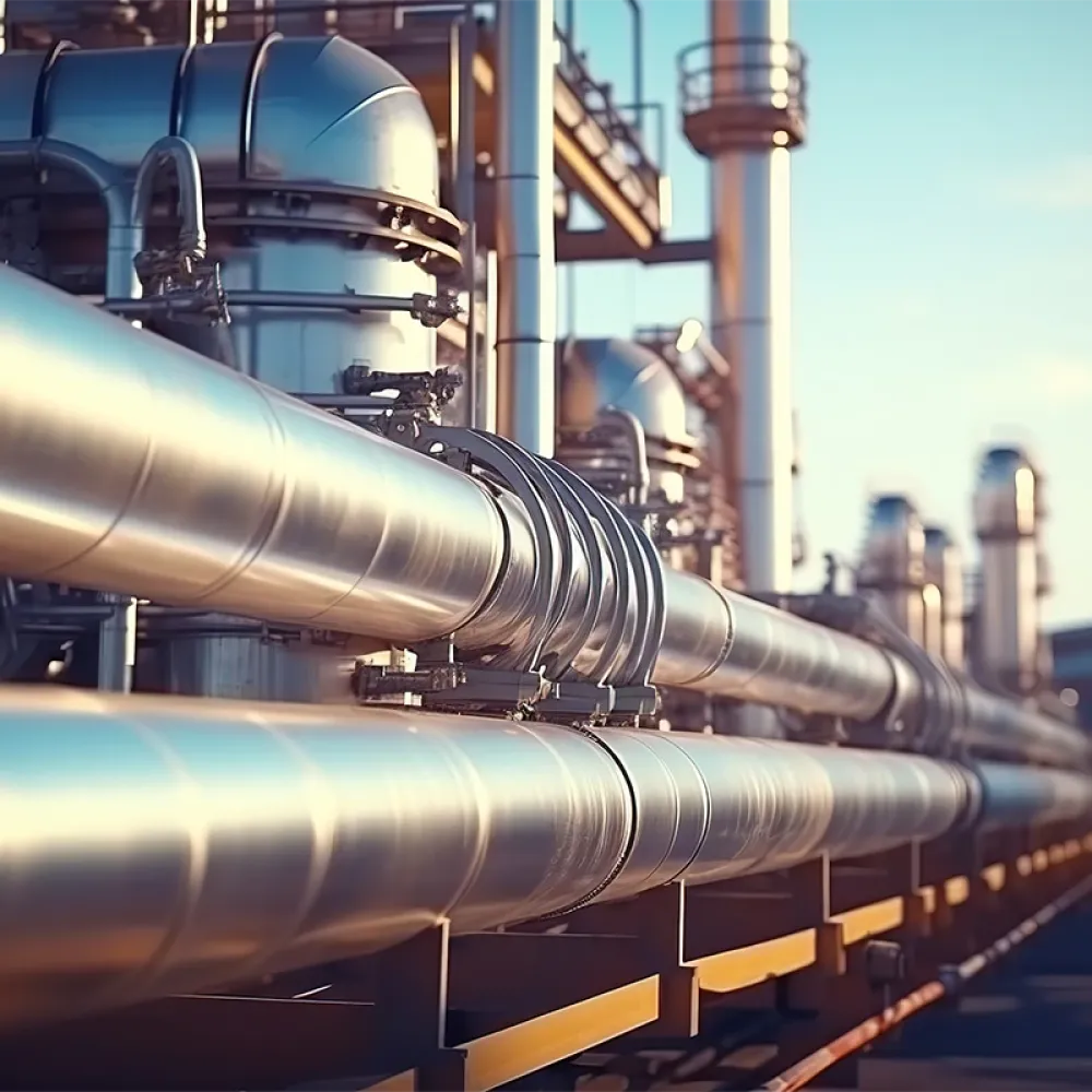 Industrial plant with stainless steel pipelines, valves, and pressure vessels running along a process facility under clear daylight.