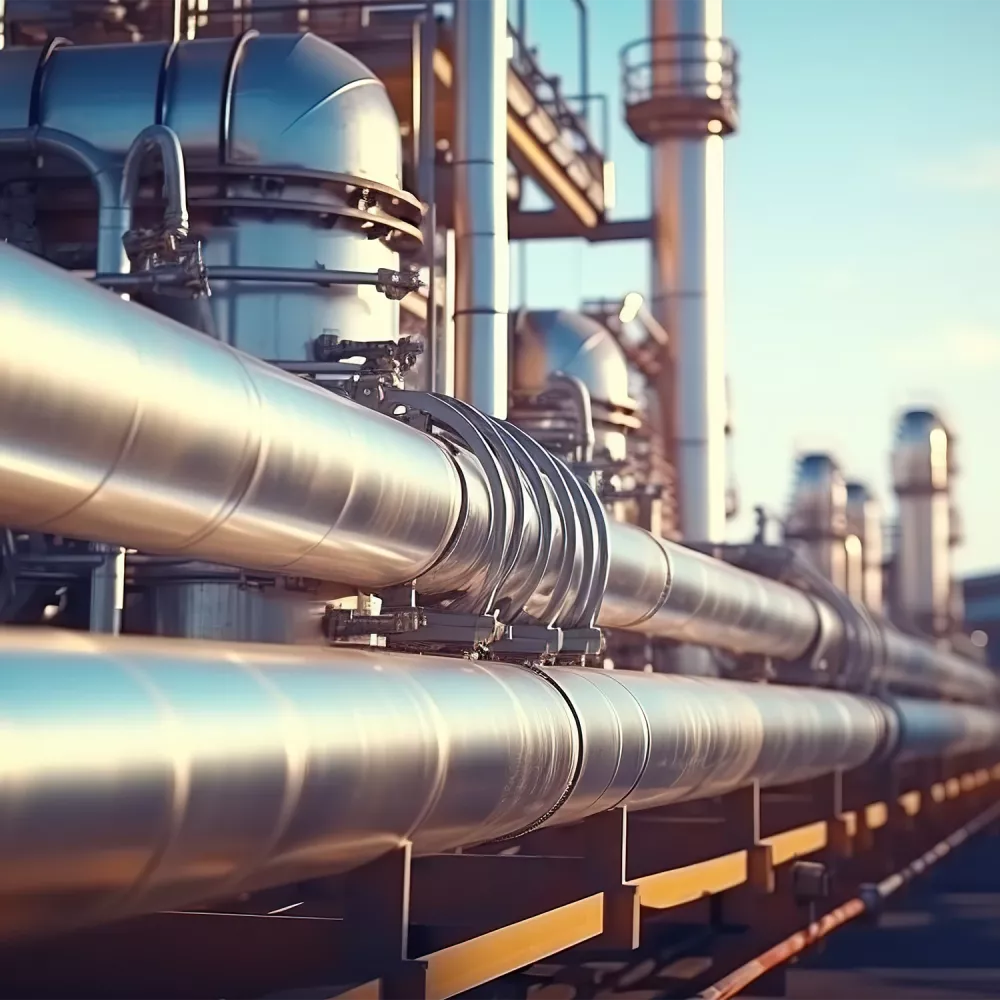 Industrial plant with stainless steel pipelines, valves, and pressure vessels running along a process facility under clear daylight.