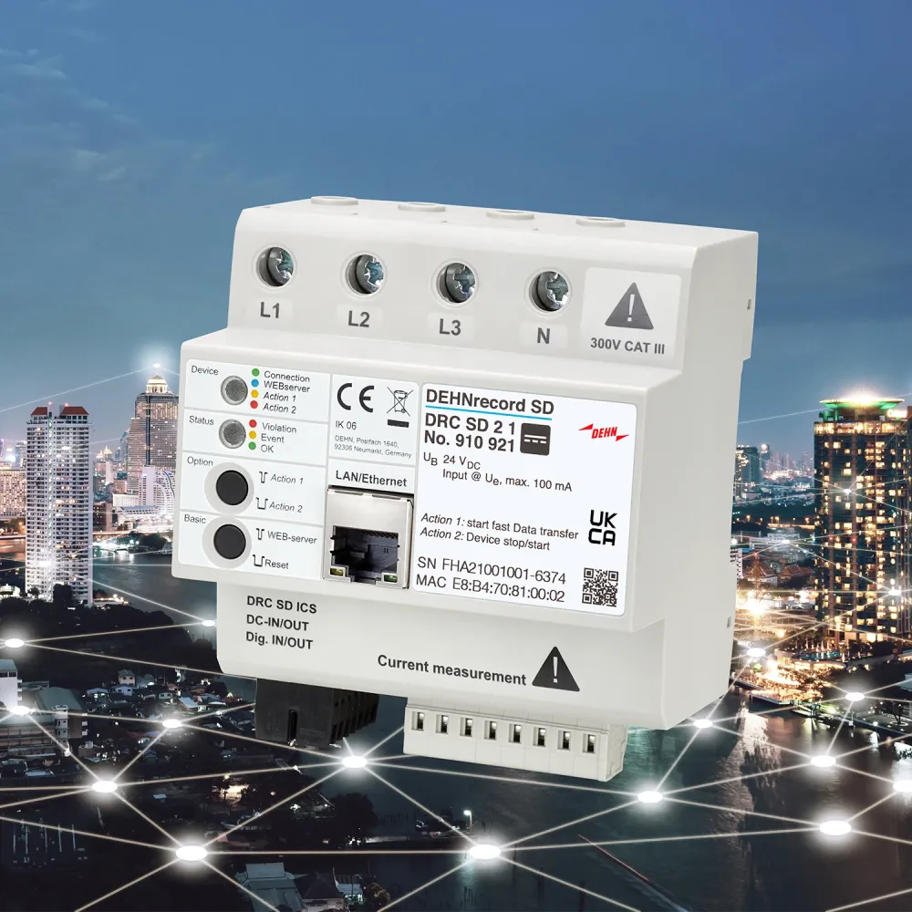 DIN-rail mounted DEHNrecord SD surge monitoring device with labeled terminals and Ethernet port, shown against a city skyline network background.