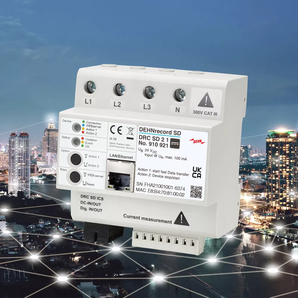 DIN-rail mounted DEHNrecord SD surge monitoring device with labeled terminals and Ethernet port, shown against a city skyline network background.