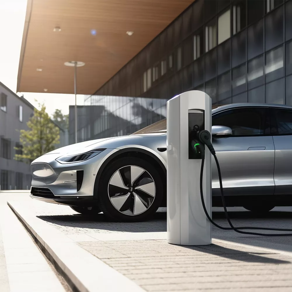 Electric car parked at a public charging station, connected to a high-power charging pillar in front of a modern office building.