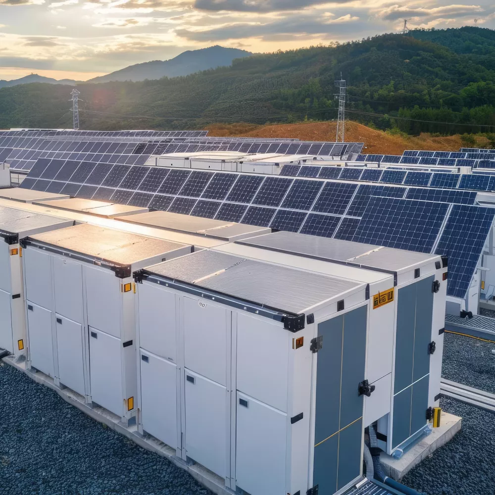 Large battery storage units in front of a solar panel field with mountains in the background.
