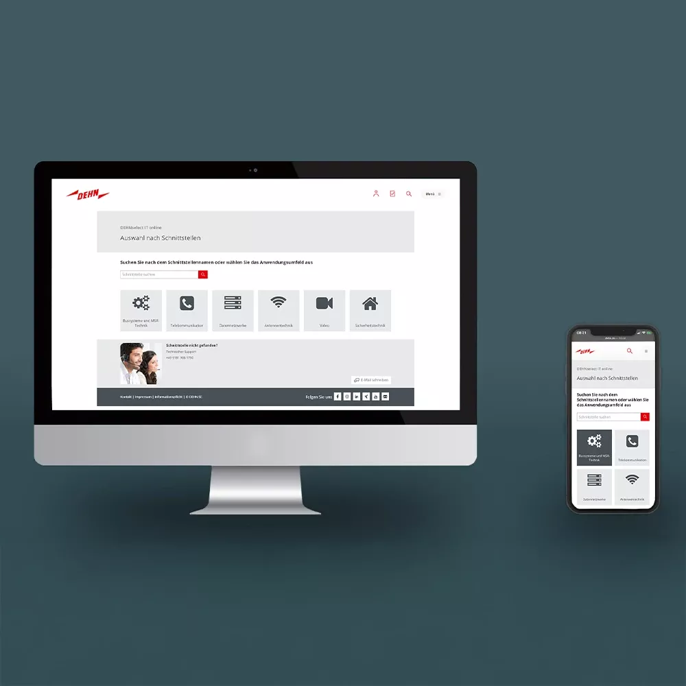 DEHNselect interface on desktop and smartphone for selecting interfaces in protection solutions