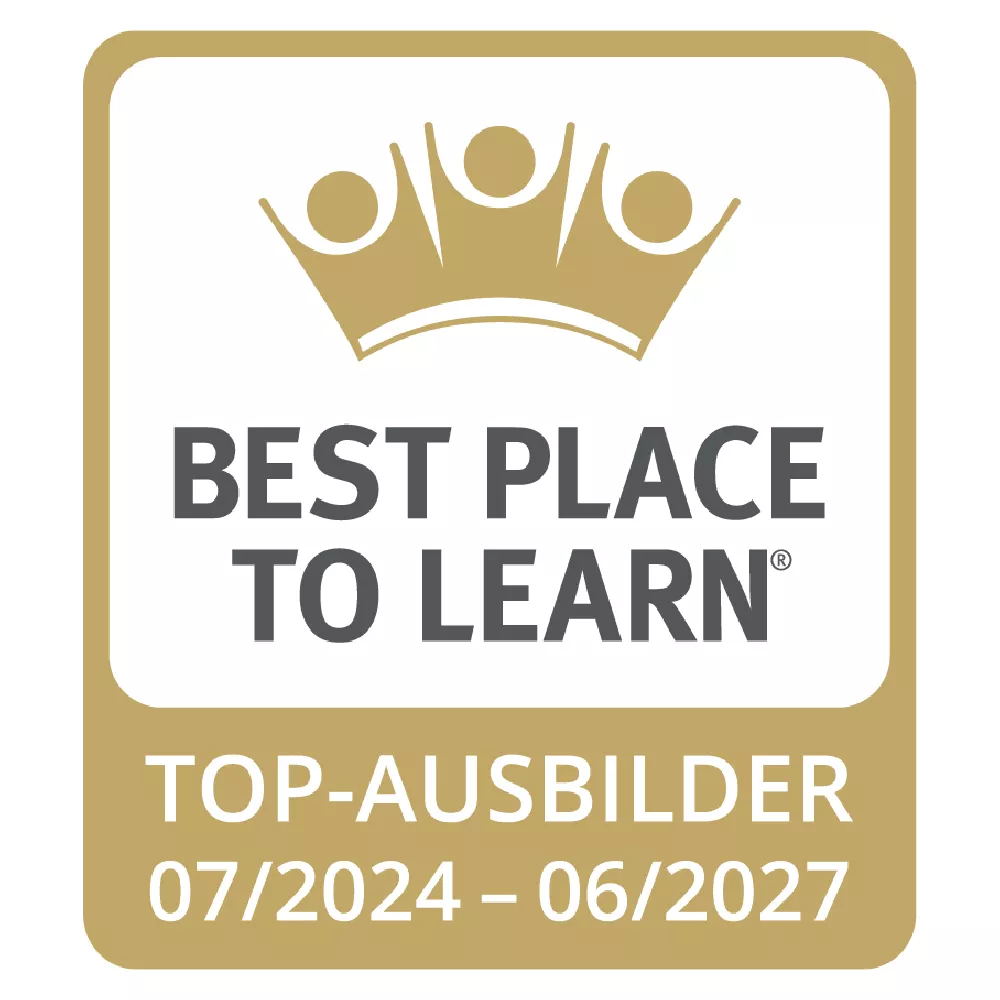 Logo with a crown above three stylized figures and text 'BEST PLACE TO LEARN' and 'TOP-AUSBILDER 07/2024 - 06/2027'
