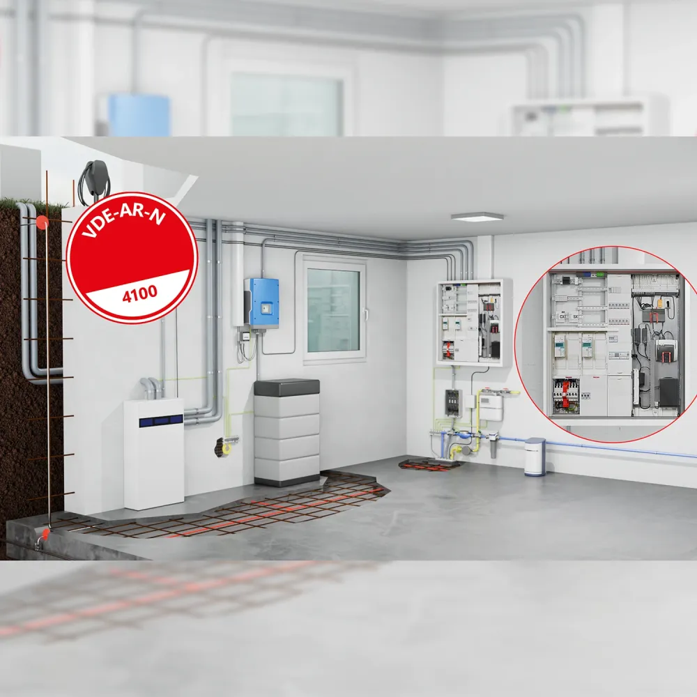 Technikraum mit elektrischen Anlagen, Rohrleitungen und einem an der Wand montierten blauen Gerät. Ein roter Kreis markiert eine geöffnete Schalttafel. Auf einem roten Etikett steht „VDE-AR-N 4100“.
