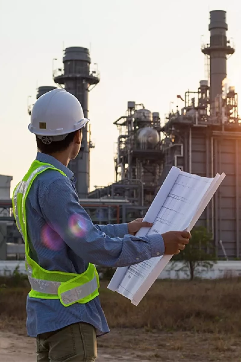 Ingenieur mit Bauplänen vor Industrieanlage