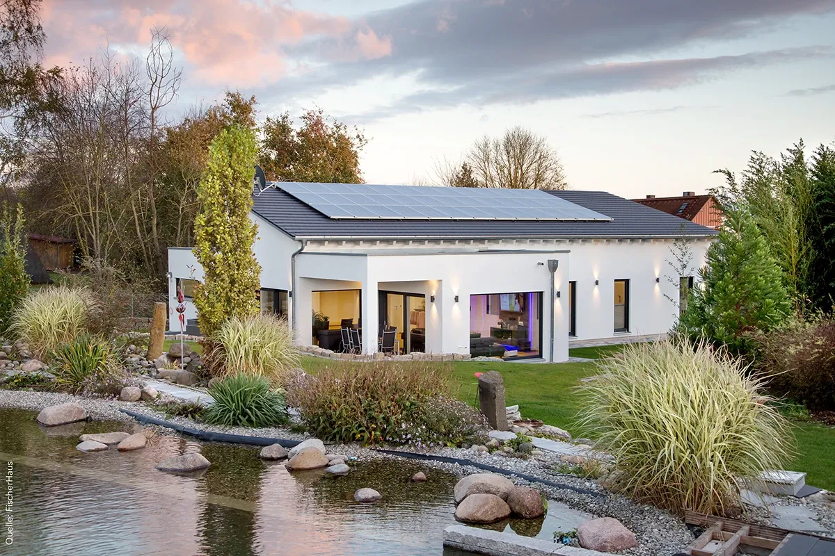Single-family house with pond and a lot of plants in the garden