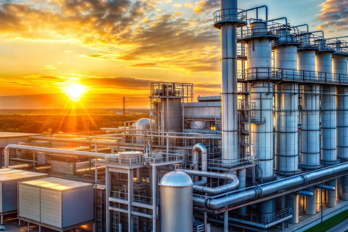 Industrial gas or hydrogen processing plant with tall metal columns, pipes, and tanks at sunset under a partly cloudy sky.