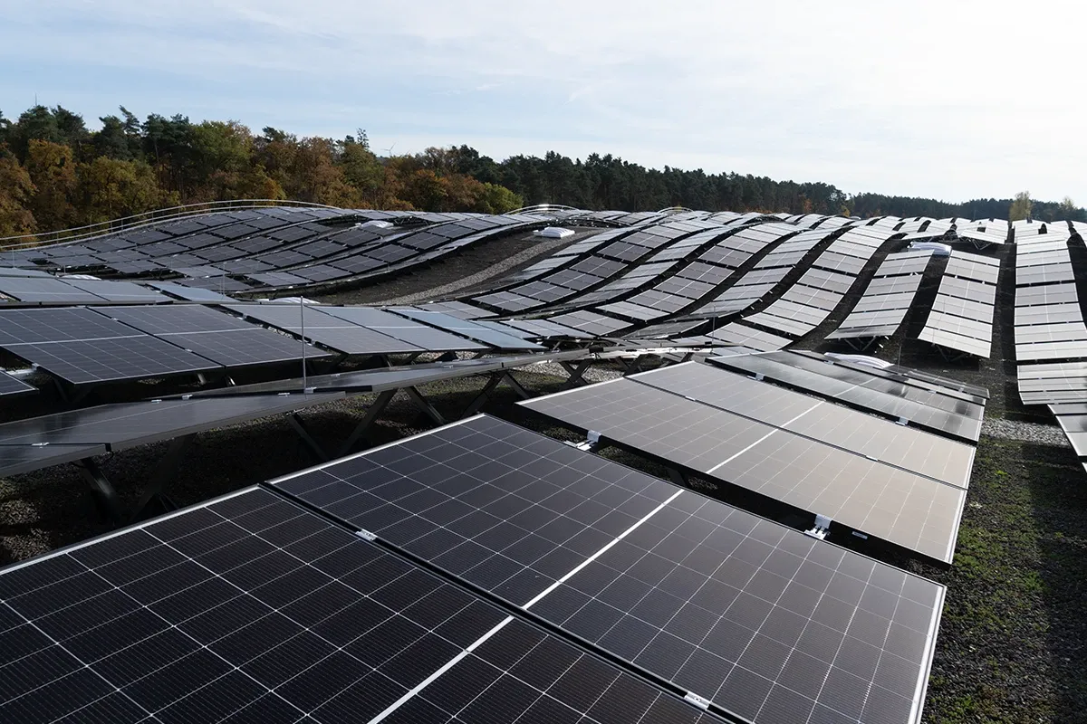 Large industrial photovoltaic installation with rows of solar panels on curved rooftop landscape near forest.