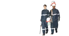 Two people in dark protective clothing with reflective stripes, carrying helmets and safety equipment on a black background.